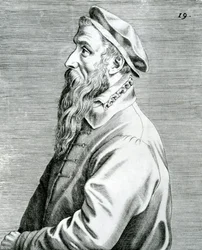 Peter Breughel, planche 19 de la série Pictorum aliquot celebrium Germanaie inferioris effigies (Portraits de quelques artistes célèbres des Pays-Bas), 1595 (gravure et typographie)